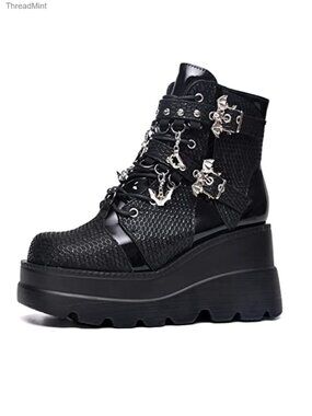 Goth Platform Ankle Boots Faux Leather Side Zip Chunky Heel Wedge